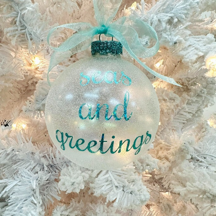 Frosted Glass w/Vinyl Lettering Christmas Ornaments Seas & Greetings - Sunshine & Sweet Pea's Coastal Decor