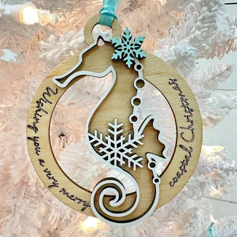 Round Seahorse Wooden Sea Life Christmas Ornament - Sunshine & Sweet Pea's Coastal Decor