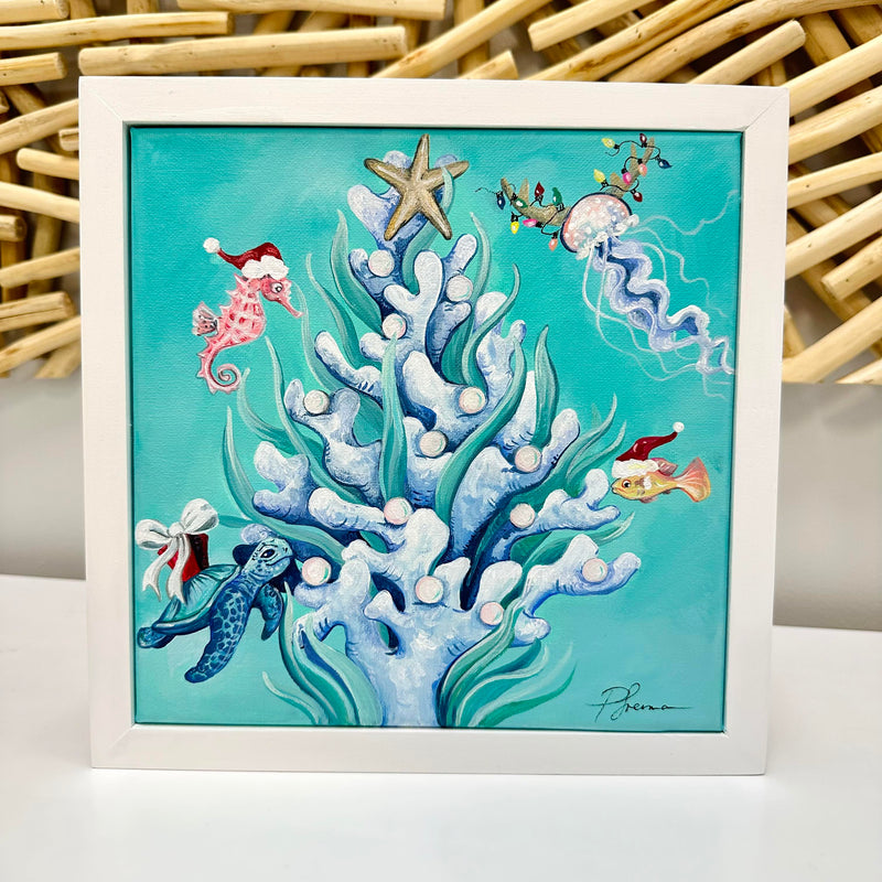 Commission Coral Christmas Tree w/Jolly Sea Creatures Original Painting