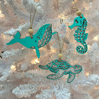 Assorted Wooden Teal Sea Life Christmas Ornaments