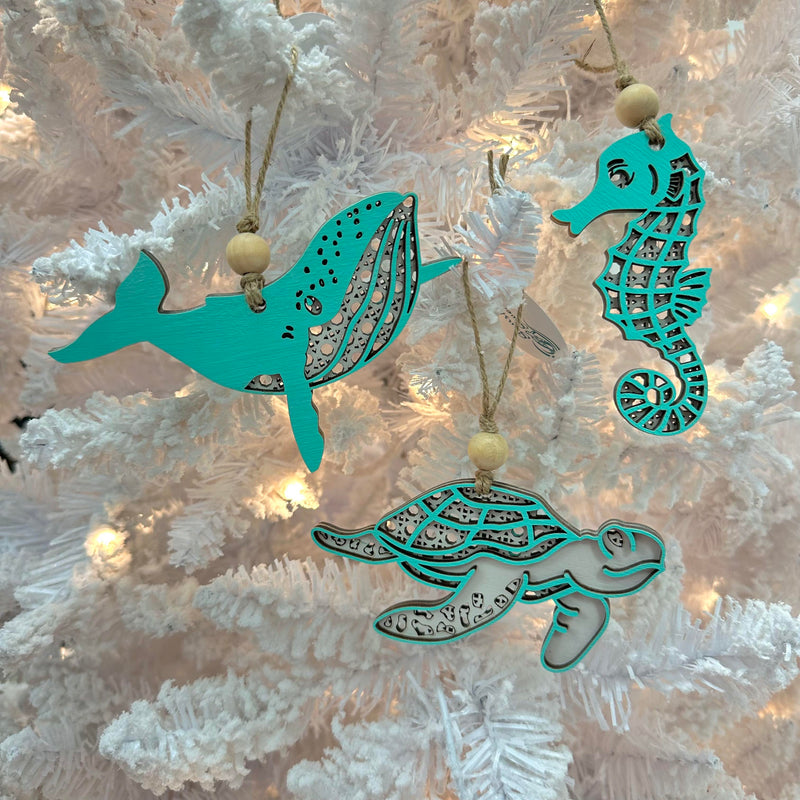 Assorted Wooden Teal Sea Life Christmas Ornaments