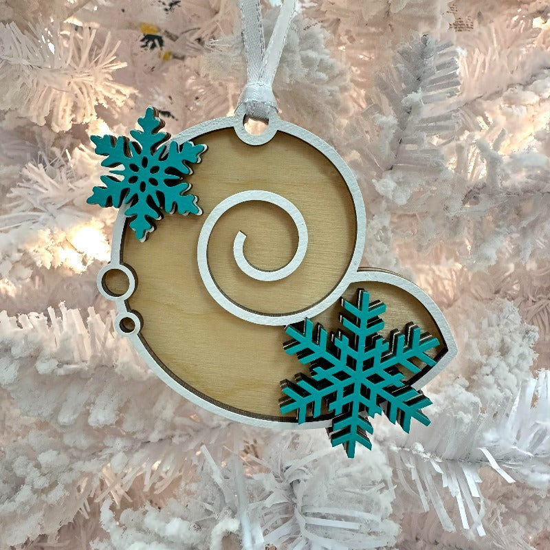 Nautilus Shell Wooden Sea Life Christmas Ornaments with Teal Snow Flakes - Sunshine & Sweet Pea's Coastal Decor