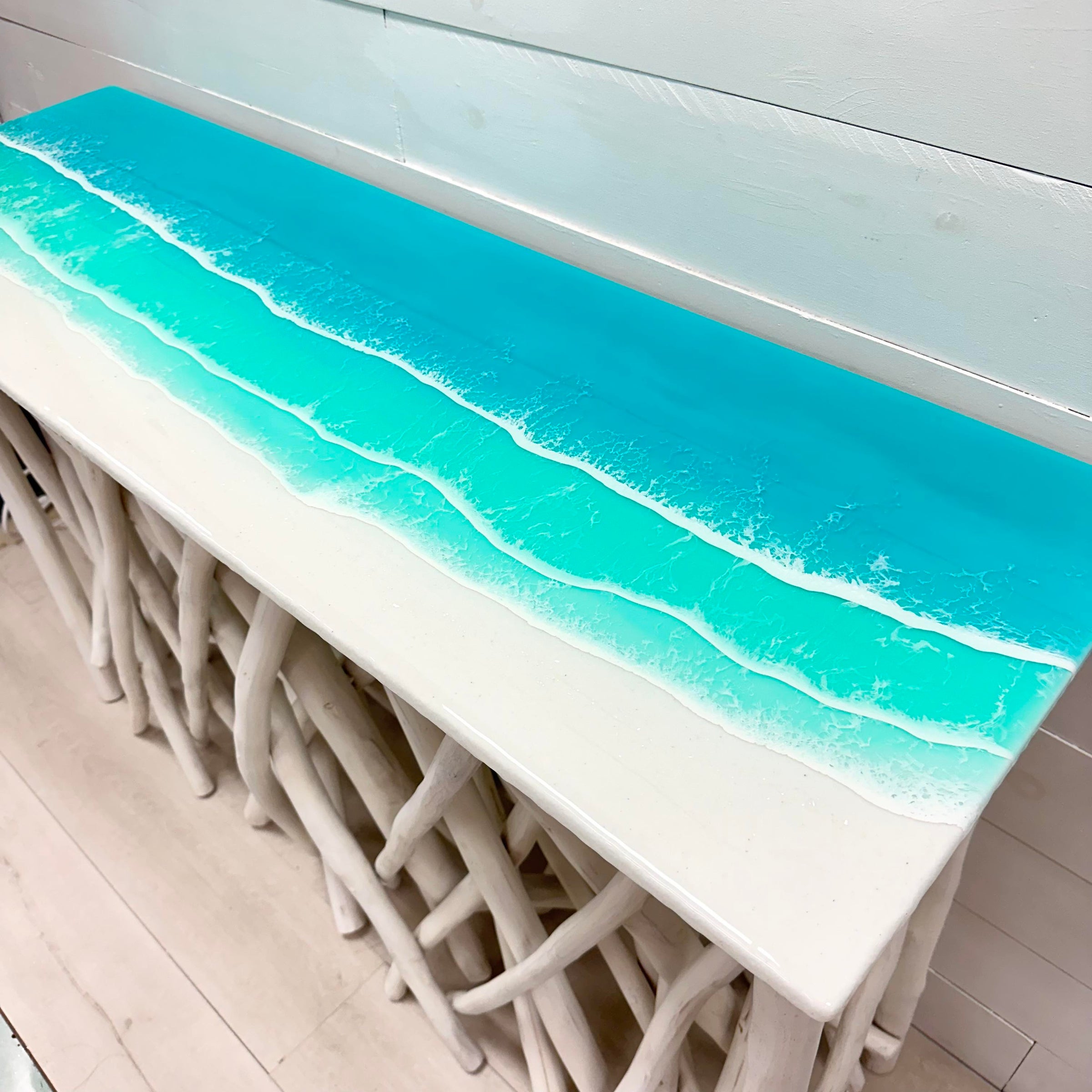 Driftwood Console Table w/Hand Poured Resin Beach Scene