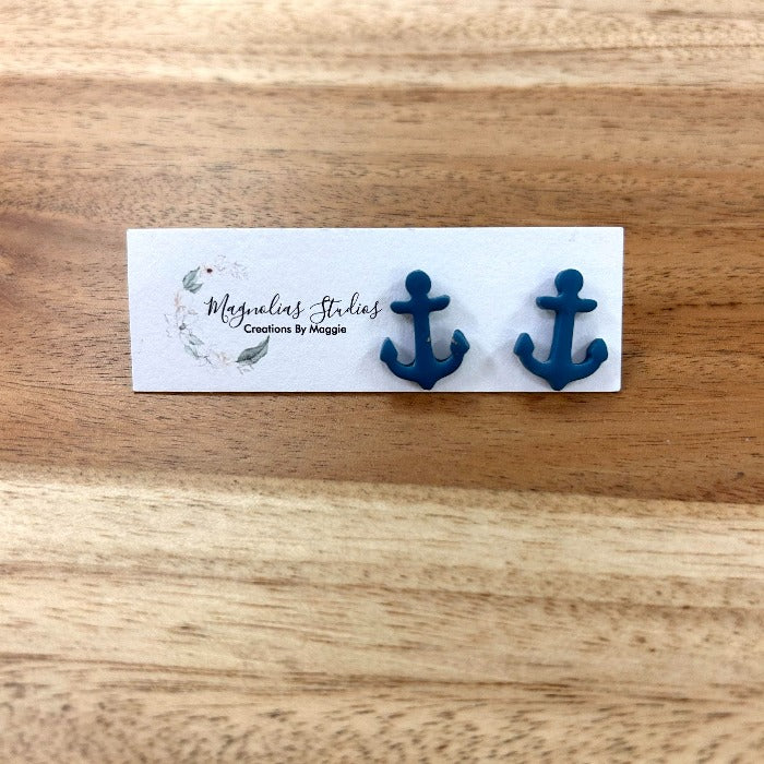 Anchor Stud Polymer Clay Earrings Navy Blue - Sunshine & Sweet Pea's Coastal Decor