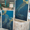 Framed 26"x 38"Blue & Gold Jellyfish Original Paintings Sunshine & Sweet Peas Coastal Decor