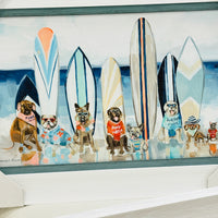 Dogs on the Beach w/ Surfboards Framed Print