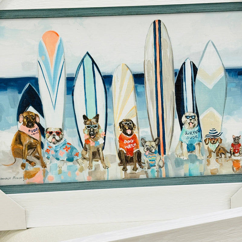 Dogs on the Beach w/ Surfboards Framed Print