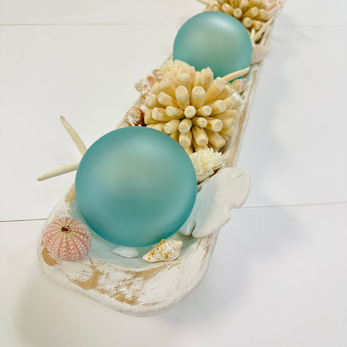 Extra Long Hand Carved Rectangular Wooden Bowl Centerpiece w/ Shells, Sea Glass, Spheres