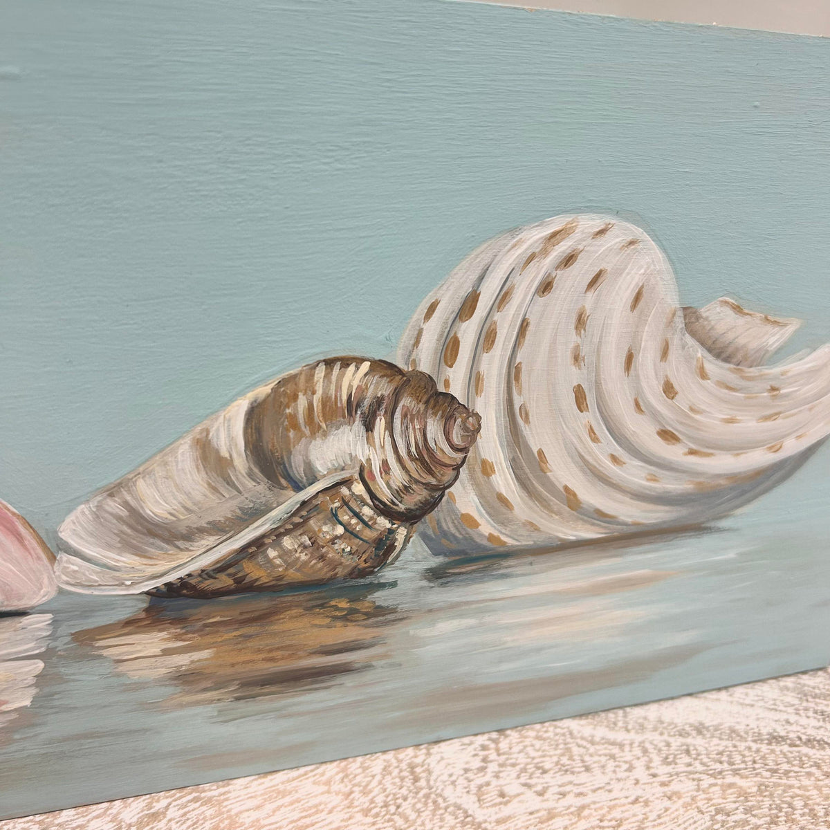 Original Seashell Painting on Wood w/Gold Border