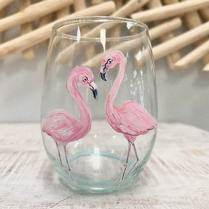 Flamingo Ocean Inspired Hand Painted Stemless Wine Glasses - Sunshine & Sweet Pea's Coastal Decor