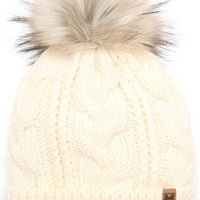 Women's Faux Fur Pom Beanie Hat with Sherpa Lining Sunshine & Sweet Peas Coastal Decor