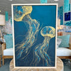 Framed 26"x 38"Blue & Gold Jellyfish Original Paintings Sunshine & Sweet Peas Coastal Decor