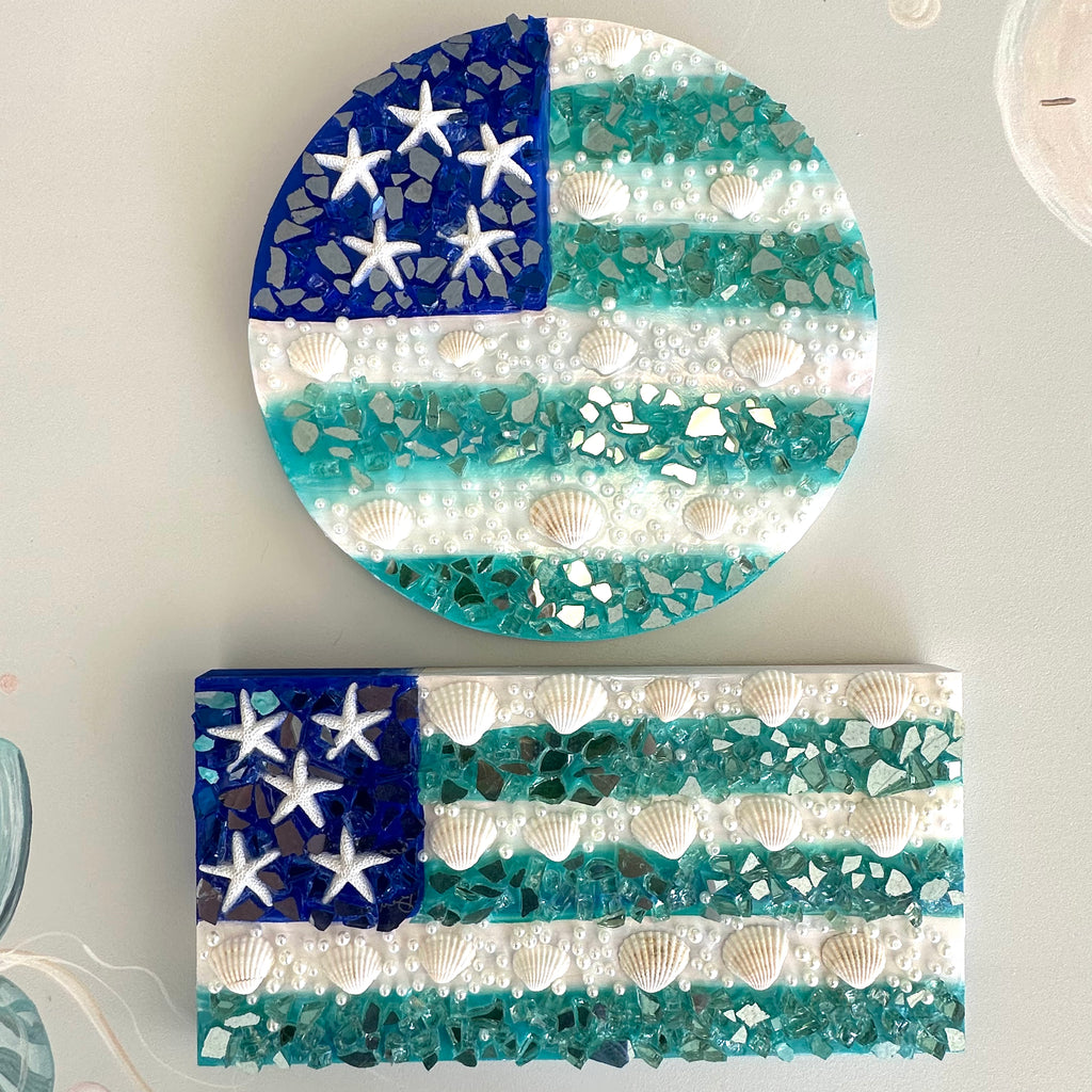 Assorted Coastal American Flag on Wood w/Resin, Starfish & Glass Embel ...