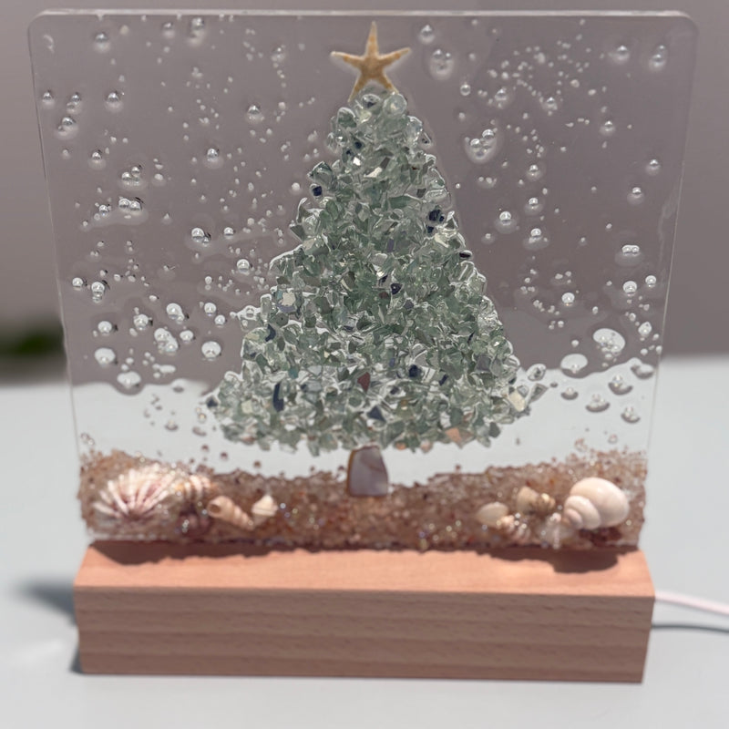 Acrylic LED Lights w/ Coastal Christmas Tree Designs in Glass, Sand, Shells Resin