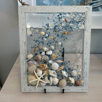 Coastal Glass Art w/ Shells, Glass, Resin, Sand- 11"x 14"