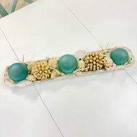 Extra Long Hand Carved Rectangular Wooden Bowl Centerpiece w/ Shells, Sea Glass, Spheres