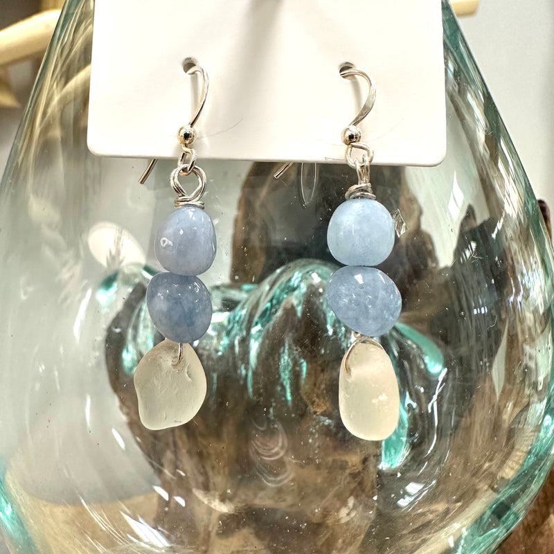 Sea Glass/ Sea Glass and Quartz Dangle Earrings