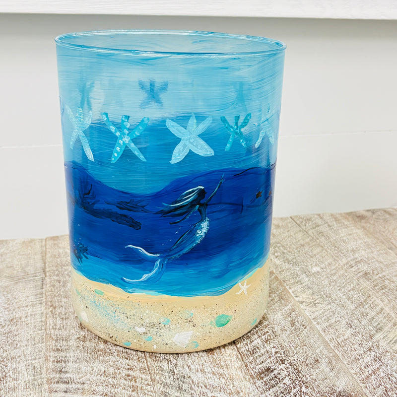 Hand Painted Sea Life Glass Hurricane/Vase/Utensil Holder