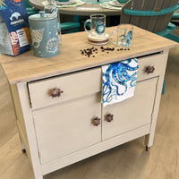 Refinished Wooden Antique Cabinet w/ Wooden Wheels