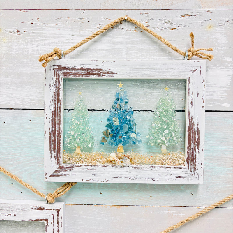 Assorted Trio of Trees Holiday Coastal Glass Art w/ Shells, Glass, Resin, Sand