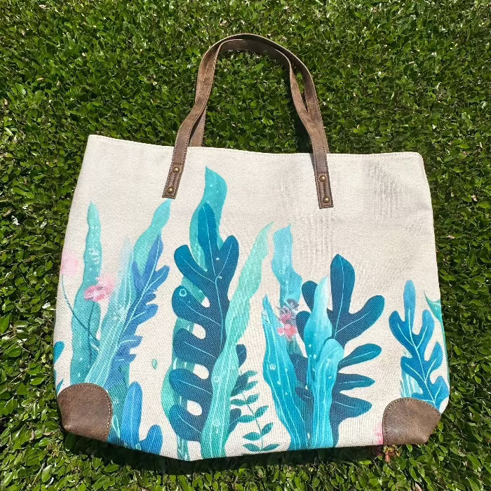 Sea Life Art Canvas and Leather Tote Sunshine & Sweet Peas Coastal Decor