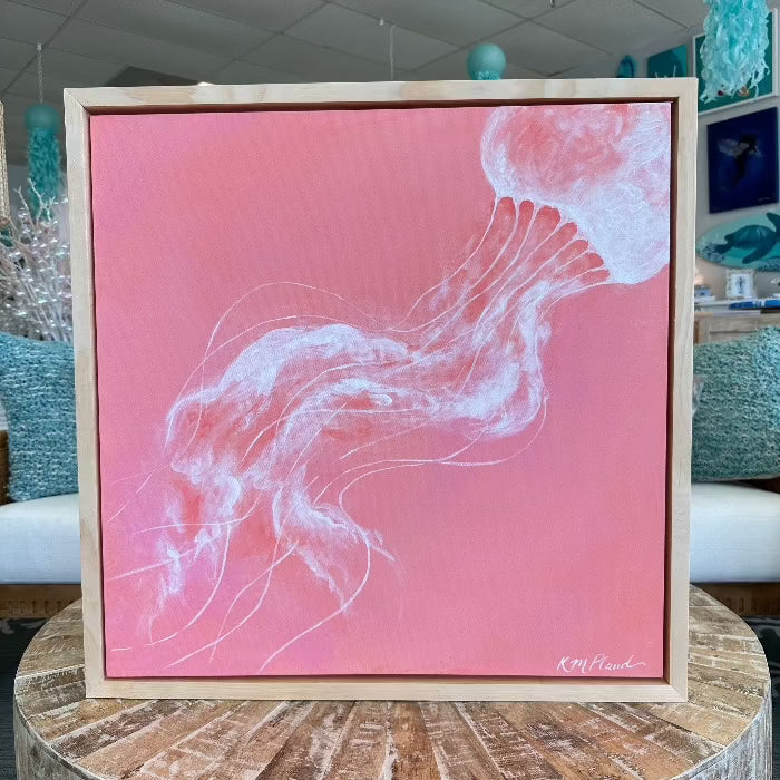 Framed 26"x26" Coral & White Jellyfish Sunshine & Sweet Peas Coastal Decor