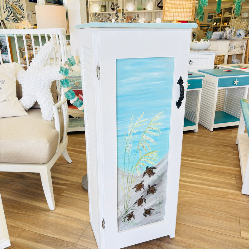 Hand Painted 3 Shelf Tall Cabinet w/ Door Featuring Custom Art