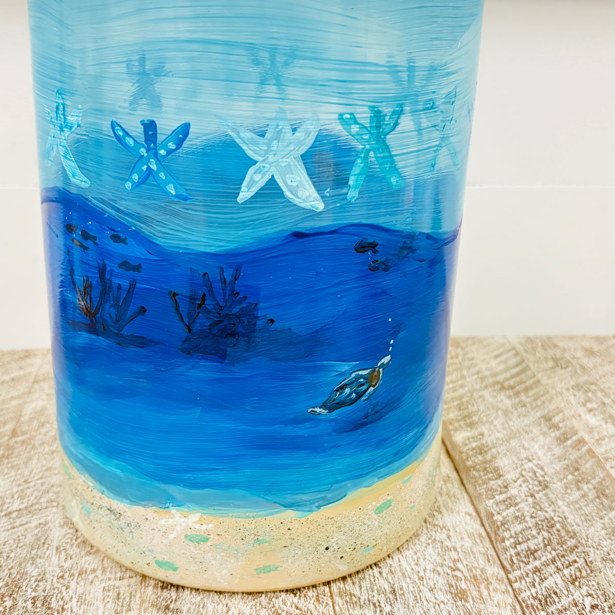 Hand Painted Sea Life Glass Hurricane/Vase/Utensil Holder