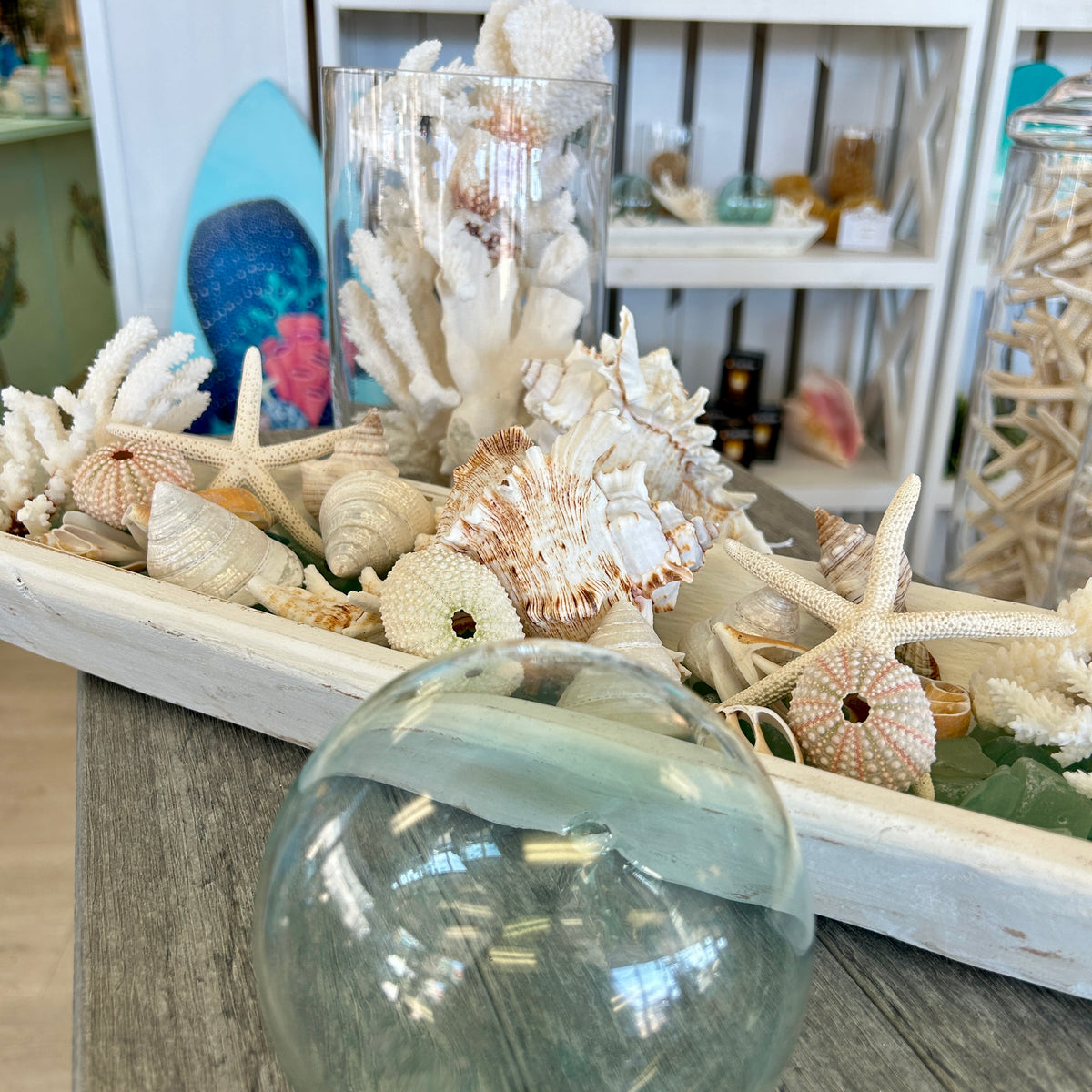 Large Hand Carved Baguette Wooden Bowl Centerpiece w/ Shells, and Starfish, Coral Chunks, and Sea Glass