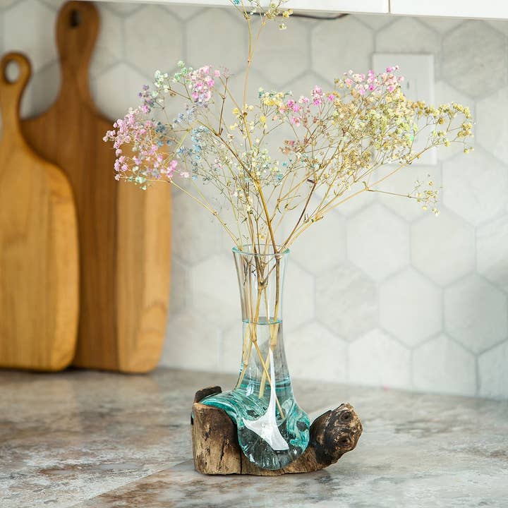 Mouthblown Glass Vase on Driftwood Sunshine & Sweet Peas Coastal Decor