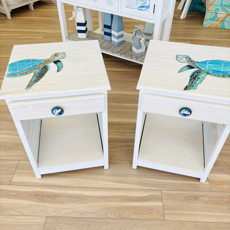 Hand Painted Pair of Nightstands/Side Tables w/ 1 Drawer and Shelf featuring "Buddy"