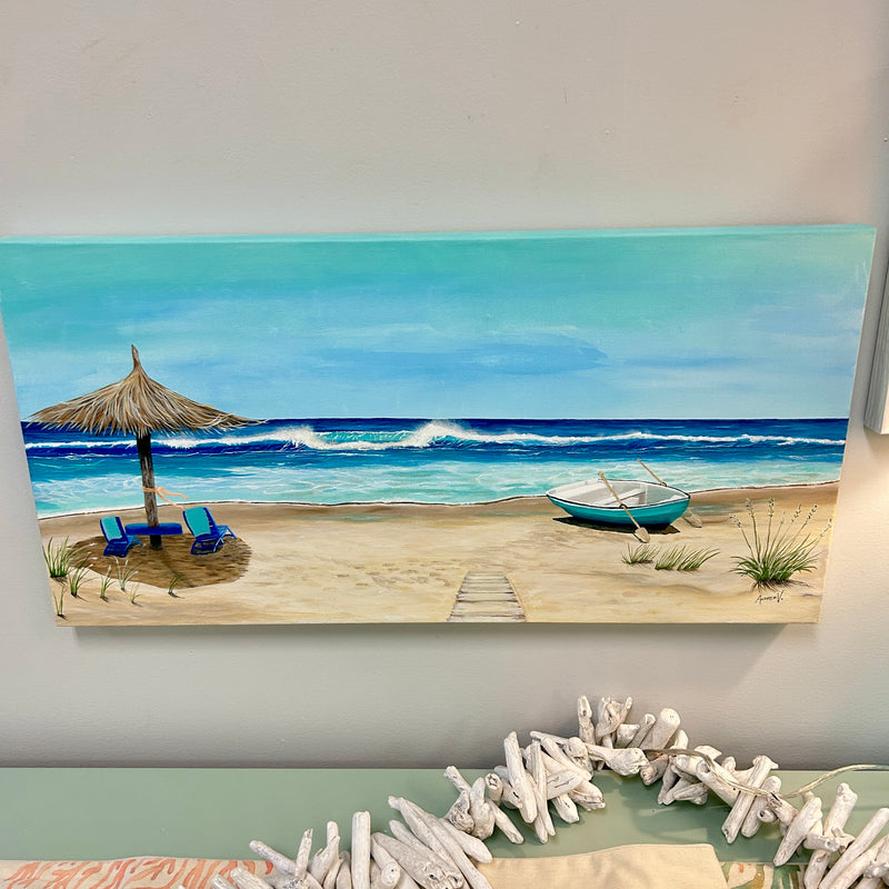 Carribean Beachscape with Boat and Chairs Ashore Painting