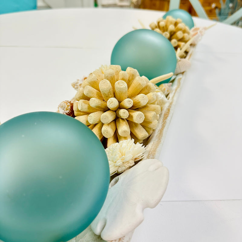 Extra Long Hand Carved Rectangular Wooden Bowl Centerpiece w/ Shells, Sea Glass, Spheres