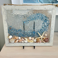 Coastal Glass Art w/ Shells, Glass, Resin, Sand- 11"x 14"