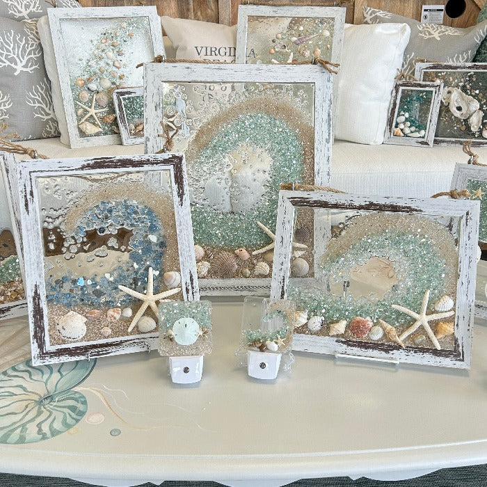 Coastal Glass Art w/ Shells, Glass, Resin, Sand- 5"x 7" Sunshine & Sweet Pea's Costal Decor