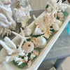 Large Hand Carved Baguette Wooden Bowl Centerpiece w/ Shells, and Starfish, Coral Chunks, and Sea Glass