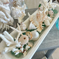 Large Hand Carved Baguette Wooden Bowl Centerpiece w/ Shells, and Starfish, Coral Chunks, and Sea Glass