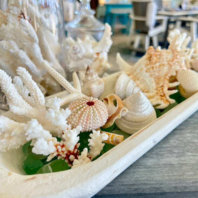 Large Hand Carved Baguette Wooden Bowl Centerpiece w/ Shells, and Starfish, Coral Chunks, and Sea Glass