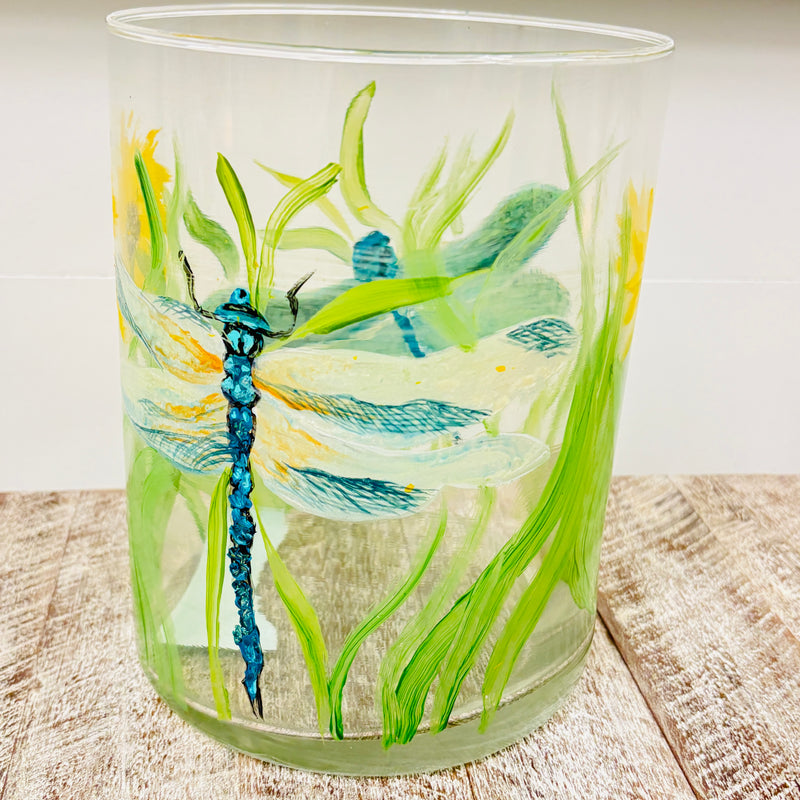 Hand Painted Dragonfly and Sunflower Glass Hurricane/Vase/Utensil Holder