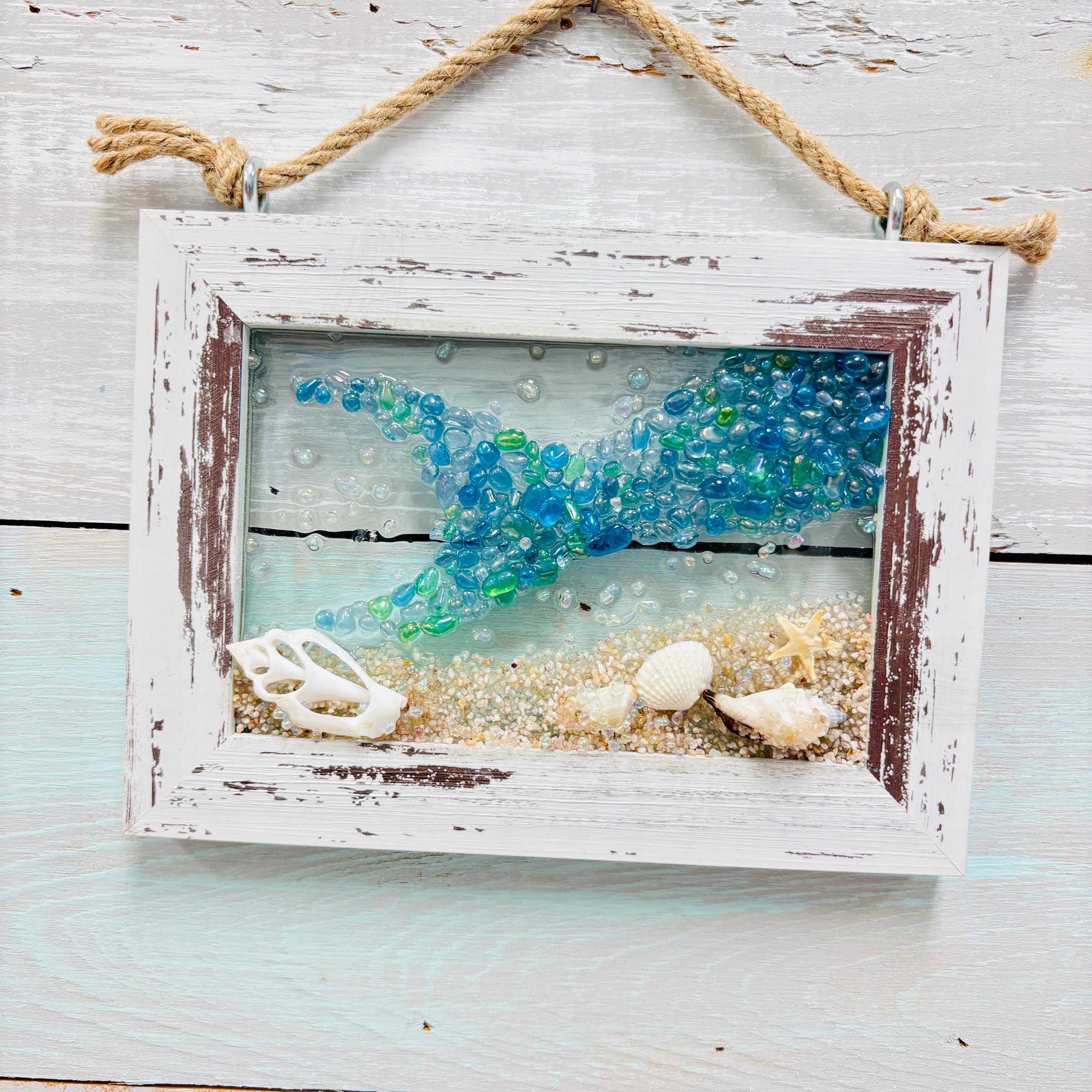 Coastal Glass Art w/ Shells, Glass, Resin, Sand- 4"x 6"