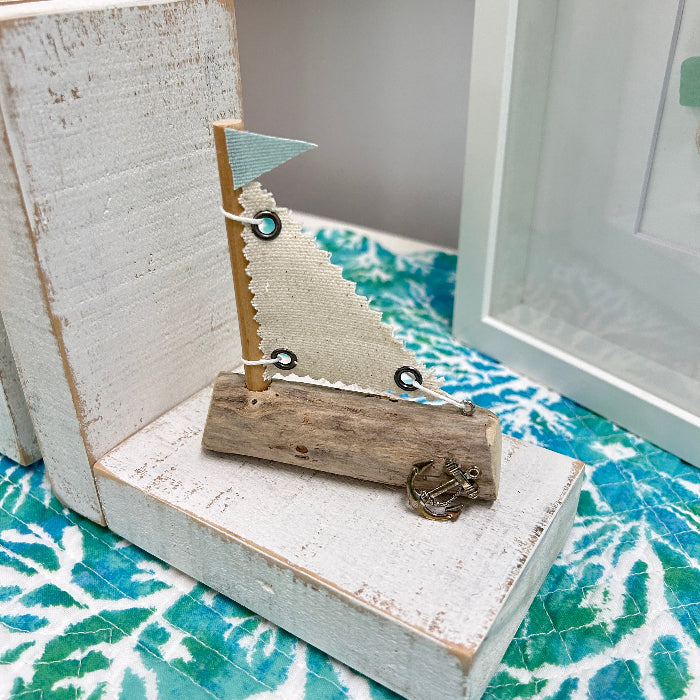 Rustic Bookends w/ Driftwood House and Sailboat Sunshine & Sweet Peas Coastal Decor