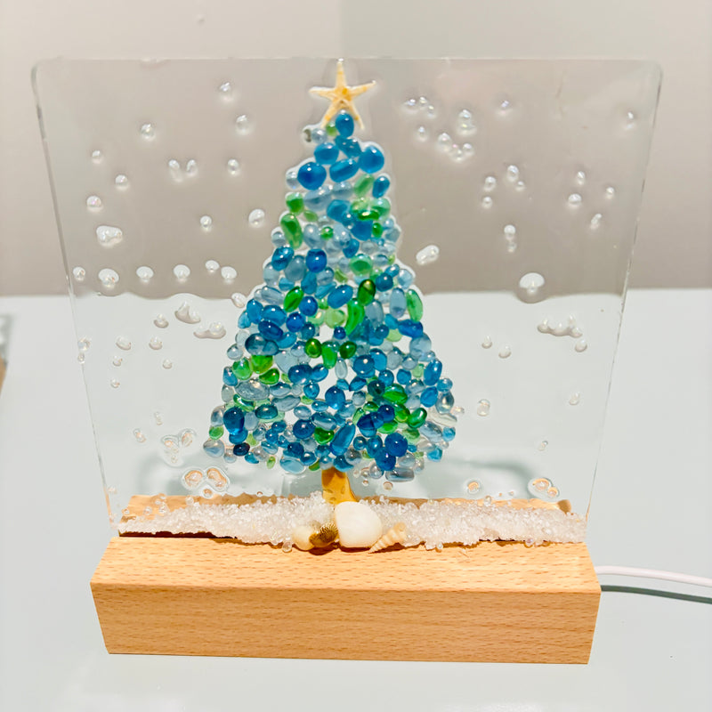 Acrylic LED Lights w/ Coastal Christmas Tree Designs in Glass, Sand, Shells Resin
