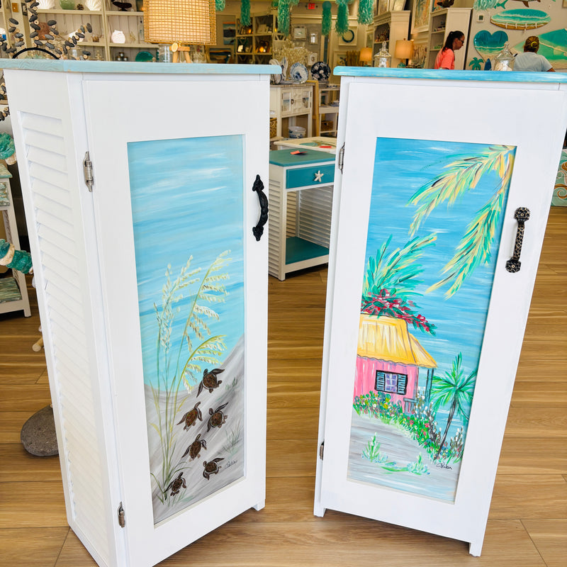 Hand Painted 3 Shelf Tall Cabinet w/ Door Featuring Custom Art