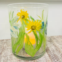 Hand Painted Dragonfly and Sunflower Glass Hurricane/Vase/Utensil Holder