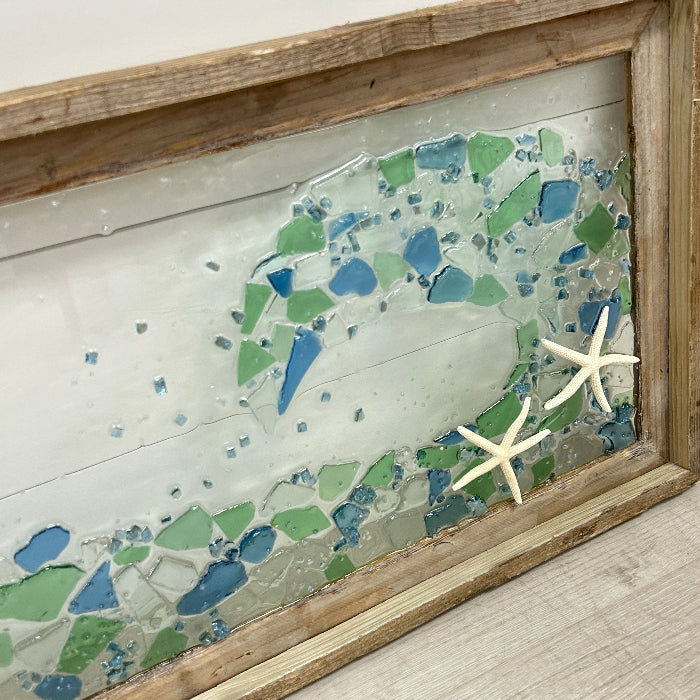Coastal Glass Wave Transom Window w/ Starfish, Glass, Resin, 39"x 15"