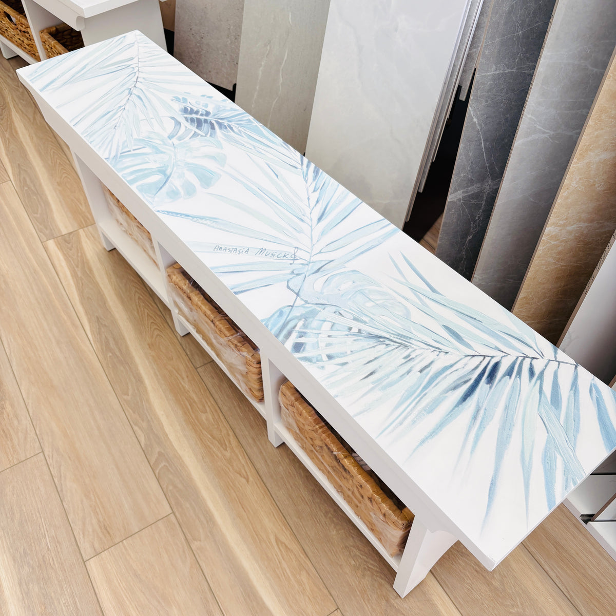 Long Bench w/ 3 Removable Baskets w/ Anastasia Musick Artwork