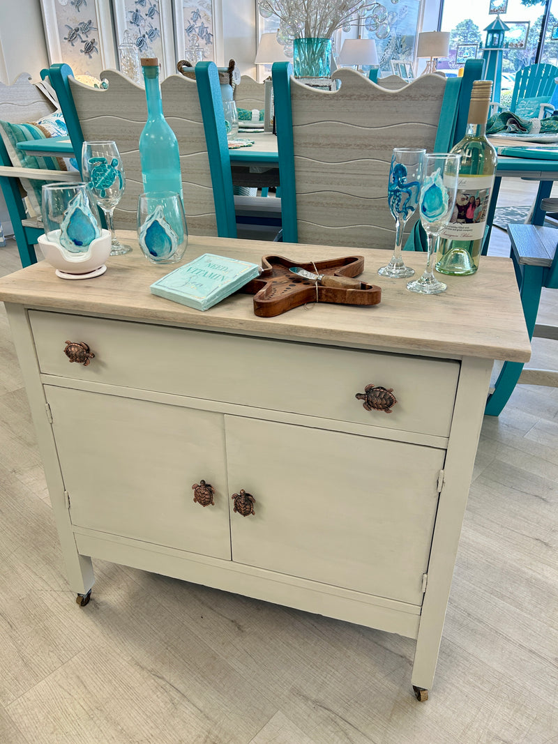 Refinished Wooden Antique Cabinet w/ Wooden Wheels