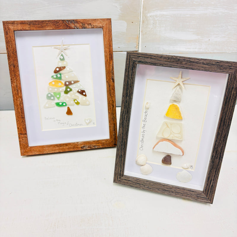 Assorted Christmas Trees Framed Seashell & Driftwood Art