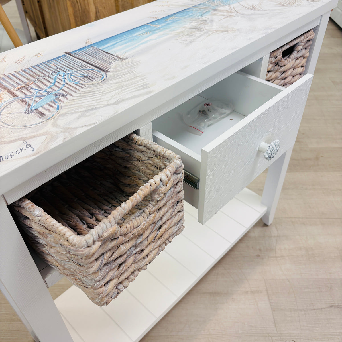 Coastal Entry Table with Drawer and Baskets w/Anastasia Musick Art