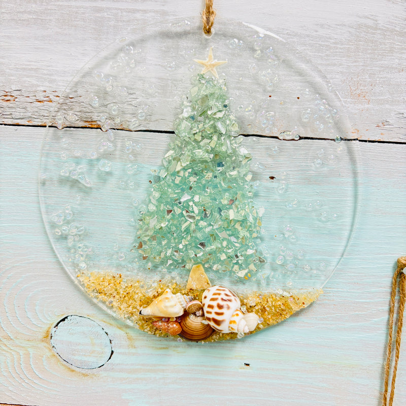 Assorted 6" Acrylic Coastal Christmas Tree Suncatchers/Ornaments w/ Glass, Shells, Sand, & Resin